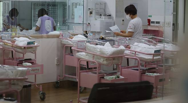 한 산후조리원에서 간호사들이 신생아를 돌보고 있다. [이충우 기자]