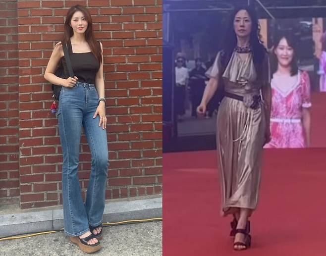 무대 위 골드 드레스를 입은 서정희와, 벽 앞 블랙 슬리브리스에 데님을 입은 서동주.사진=서동주 SNS