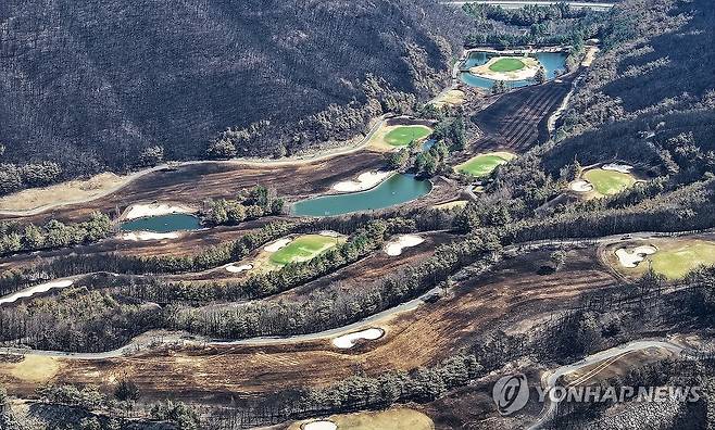 산불이 휩쓸고 간 골프장 (안동=연합뉴스) 윤관식 기자 = 지난 29일 경북 안동시 일직면 한 골프장이 산불에 시커멓게 그을려 있다. 2025.3.30 psik@yna.co.kr