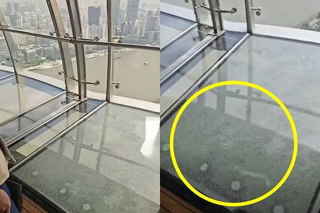 중국 상하이 랜드마크인 동방명주 타워의 259m 높이 전망대에서 유리 바닥 균열 사고가 발생했다. /더우인