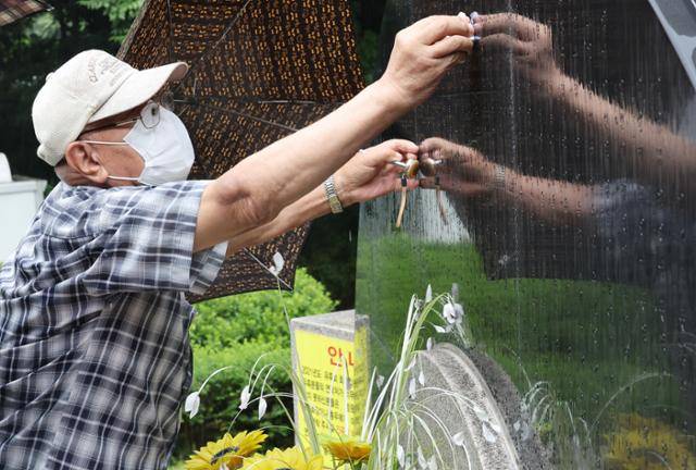 삼풍백화점 붕괴 28주기인 2023년 6월 29일 서울 양재 시민의숲 삼풍참사위령탑에서 유가족이 희생자 명패의 빗물을 닦고 있다. 연합뉴스