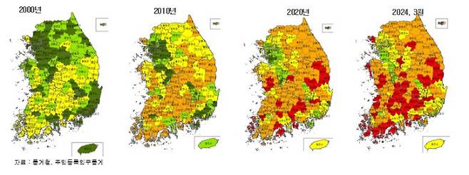 지난 2000년 0곳이었던 국내 소멸위험지역이 2024년 3월 기준 130곳으로 늘어났다. 이상호 한국고용정보원 연구위원 제공