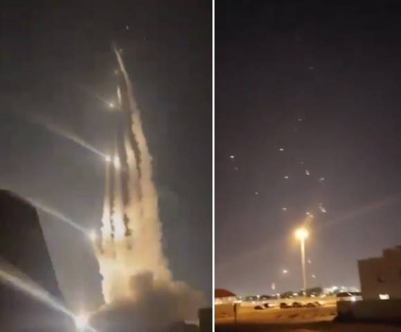 지난 23일(현지시간) 카타르 내 미군 기지가 이란의 탄도미사일 공격을 받았을 때, 미군 병력과 패트리엇 미사일이 이를 요격하는 모습. 엑스 영상 캡처