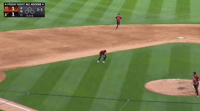 이정후가 4회초 타석에 들어서자 화이트삭스 3루 조시 로하스가가 2-3루 라인 앞 잔디 위에 시프트를 하고 있다가 땅볼이 오자 잡아 처리하고 있다. 사진=MLB.TV 캡처