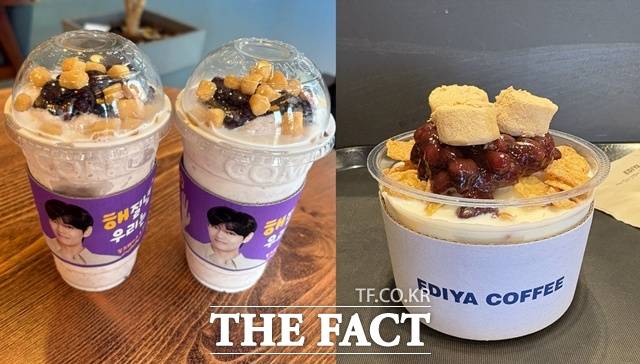 컴포즈커피의 '팥절미밀크쉐이크'(왼쪽)와 이디야커피의 '팥 인절미' 1인 빙수의 모습이다. /문화영 기자