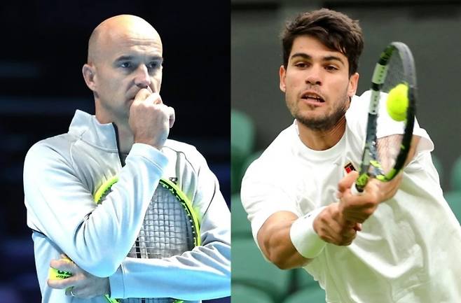 알카라스의 잔디 코트 플레이에 대해 높은 평가를 한 류비치치 코치(왼쪽)