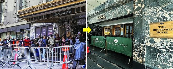 2년 전 붐비던 호텔 앞, 지금은 전면 통제 - 2023년 9월 미국 뉴욕 맨해튼 중심가에 있는 루스벨트 호텔 입구가 이주자들로 북적이는 모습(왼쪽 사진)과 지난 26일 호텔 문이 굳게 닫히고 펜스가 쳐져 있는 모습(오른쪽 사진). 앞서 뉴욕시는 2023년 5월부터 이 호텔을 이주자들을 위한 임시 숙소로 제공했다. 하지만 감당하기 어려운 수준으로 이주자들이 몰려오면서 시 행정에도 차질을 빚게 되자 폐쇄가 결정됐다. /게티이미지코리아·윤주헌 특파원