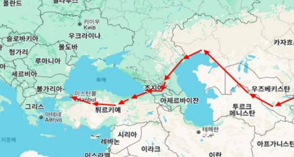 키질쿰 사막, 카스피해 북부, 코카서스산맥 종단 등 여행 후반기 경로. [사진=윤영선]