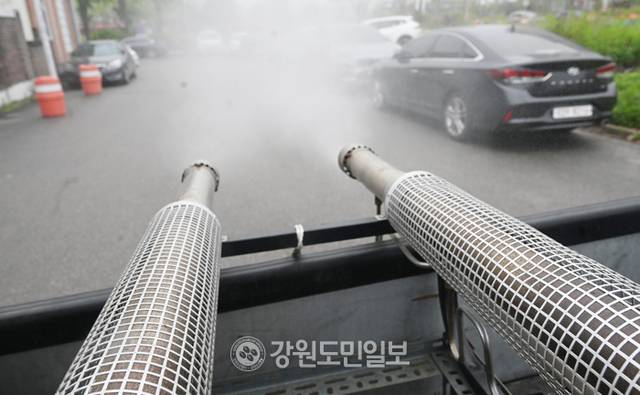 ▲ 춘천보건소 감염병관리팀 직원들이 춘천 중앙로에서 방역을 하는 모습 [강원도민일보 자료사진]