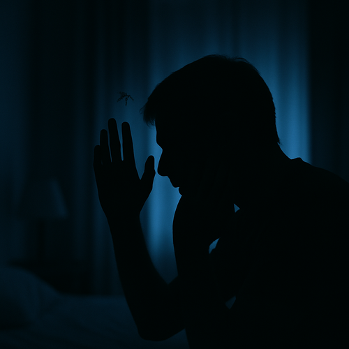▲ 어두운 방에서 귀 옆을 맴도는 모기를 쫓는 사람의 실루엣 [챗gpt 생성]