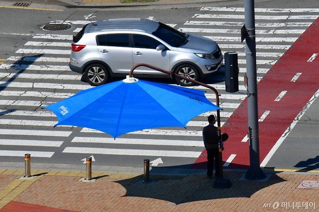 (포항=뉴스1) 최창호 기자 = 23일 경북 포항시청 앞 횡단보도에 설치된 대형 그늘막 아래 출근길에 나선 시민이 보행자 신호를 기다리고 있다. 2025.6.23/뉴스1  Copyright (C) 뉴스1. All rights reserved. 무단 전재 및 재배포,  AI학습 이용 금지. /사진=(포항=뉴스1) 최창호 기자