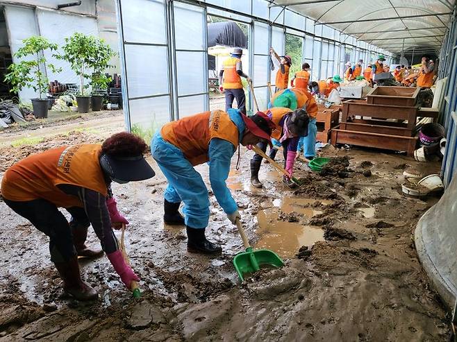 지난해 8월 경기도 내 자원봉사자들이 수해 피해 지역을 방문해 복구 작업을 하고 있다. 사진=경기도자원봉사센터