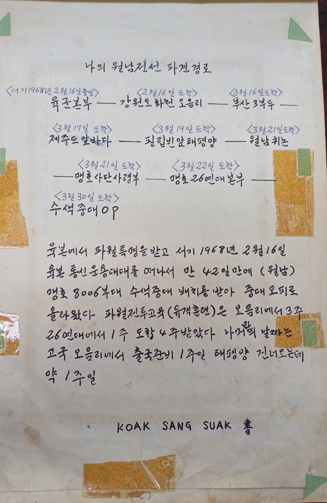 고 곽상석 용사의 월남전 참전 기록물 '추억 월남전에서'에 작성돼 있는 월남전 파견 기록. 김명규 기자