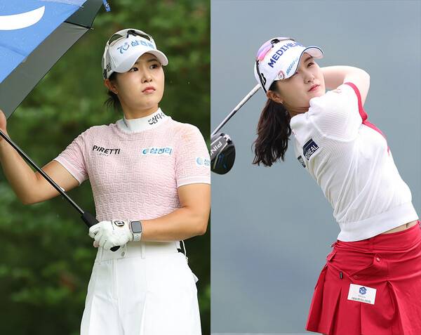 2025년 한국여자프로골프(KLPGA) 투어 맥콜·모나 용평 오픈 우승 경쟁에 뛰어든 고지우, 디펜딩 챔피언 박현경 프로가 2라운드에서 경기하는 모습이다. 사진제공=KLPGA