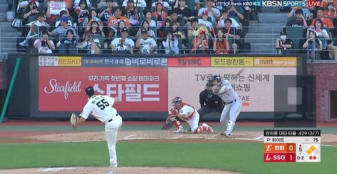 29일 인천 SSG전 5회 스트라이크존을 크게 벗어난 슬라이더에 헛스윙하는 안치홍. KBSN스포츠, 티빙 캡처