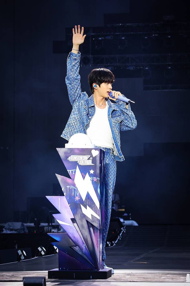 BTS member Jin performs on stage during his first solo fan concert ″#RunSeokJin_EP.Tour″ at the Goyang Sports Complex Auxiliary Stadium in Gyeonggi on June 28. [BIGHIT MUSIC]