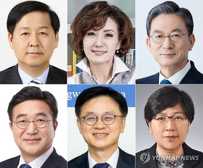 사진 왼쪽 위부터 구윤철 기획재정부 장관 후보자, 이진숙 교육부 장관 후보자, 정성호 법무부 장관 후보자. 사진 왼쪽 아래부터 윤호중 행정안전부 장관 후보자, 김정관 산업통상자원부 장관 후보자, 정은경 보건복지부 장관 후보자. ⓒ연합뉴스