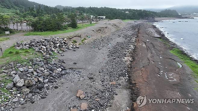 사라져가는 황우치 해안 사구 (서귀포=연합뉴스) 박지호 기자 = 20일 오전 제주 서귀포시 안덕면 사계리 황우치 해안.
    황우치 해안의 사구는 화순항 개발사업 이후 제 모습을 잃어가고 있다. 2025.6.20 jihopark@yna.co.kr