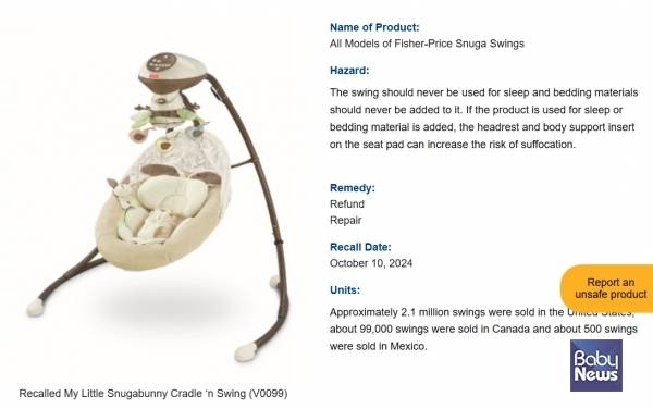 영유아 질식사로 인해 리콜이 진행된 피셔프라이스의 바운서 스누가 스윙(Snuga Swings). ⓒ미국소비자제품안전위원회(CPSC)