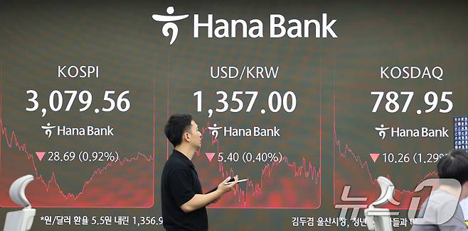 서울 중구 하나은행 본점 딜링룸 전광판./뉴스1 ⓒ News1 신웅수 기자