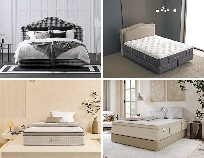 숙면을 위해 잠자리에 투자를 아끼지 않는 사람들이 늘면서 프리미엄 침대 매출이 늘고 있다. (왼쪽 위부터 시계방향으로) 포스코산 경강선에 바나듐 소재가 적용돼 숙면에 도움을 주는 시몬스 ‘뷰티레스트’, 퀸 사이즈 기준 가격 788만~908만원의 씰리침대 ‘엑스퀴짓 헤븐리 시더’, 말총 소재를 적용한 신세계까사 ‘마테라소 포레스트 컬렉션 클라우드H’, 한국인 수면 습관에 맞춘 지누스 ‘뉴헤이븐 하이브리드 매트리스’./시몬스침대·씰리침대·신세계까사·지누스