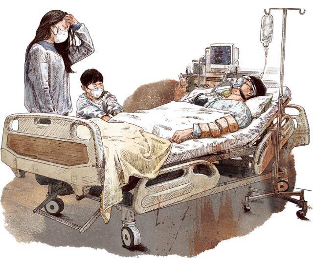 중환자실에 있는 환자와 환자 가족의 모습. 일러스트=신동준 기자