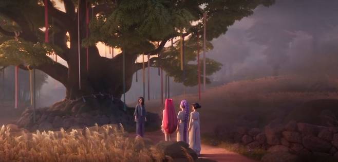 '헌트릭스'가 세상을 지키는 방패 역할을 부여 받는 초반부 장면(넷플릭스 캡쳐)