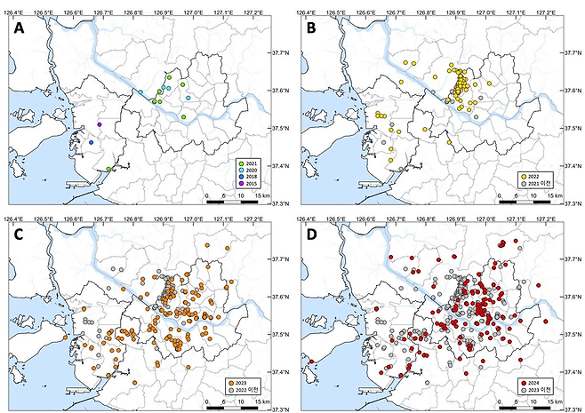 시민과학플랫폼 네이처링 등에 시민들이 올린 기록을 통해 수집한 연차별 붉은등우단털파리(러브버그) 관찰 기록. 2022년 서울 은평구, 경기 고양시 일대에서 집중적으로 관찰되기 시작하다가, 2024년에는 서울 대부분 구와 경기 일대까지 확산했다. 국립생물자원관·신승관 서울대 교수 연구팀 제공
