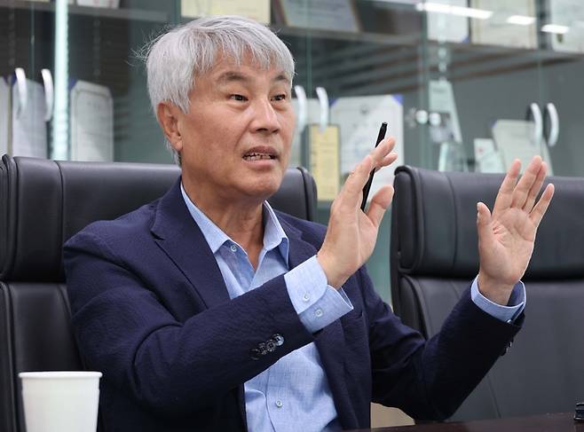 석창규 웹케시그룹 회장이 매일경제와 인터뷰하고 있다. [한주형 기자]