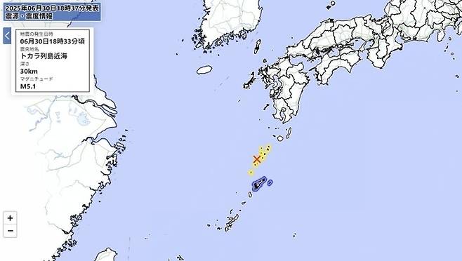 일본 도카라 열도에서 30일 발생한 규모 5.1 지진 [사진출처=일본 기상청 홈페이지]