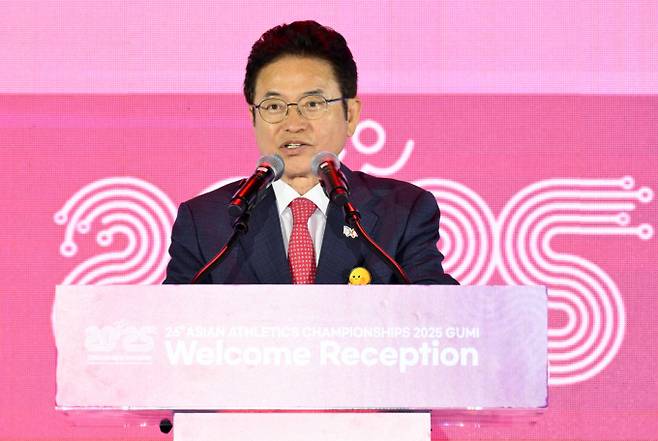 이철우 경북도지사가 27일 오후 박정희 체육관에 열린 '2025 구미아시아육상경기선수권대회' 환영 리셉션에서 인사말을 하고 있다. /사진제공=뉴스1
