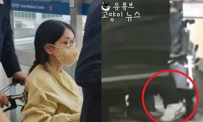 특검 수사를 앞두고 우울증 등을 이유로 입원했던 김건희씨가 지난 27일 서울 송파구 서울아산병원에서 윤석열 전 대통령이 미는 휠체어에 탄 채 퇴원하고 있는 모습(왼쪽)과 유튜브 채널 ‘고양이 뉴스’가 포착한 휠체어에서 일어서서 차량에 탑승하는 김씨의 모습. [연합뉴스·유튜브 채널 ‘고양이 뉴스’]