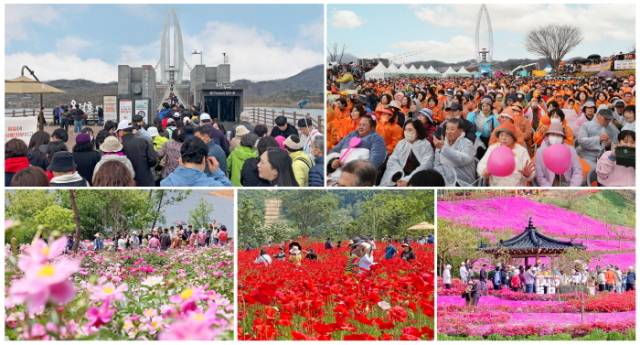 ▲사계절 꽃 경관을 자랑하는 임실군 생태공원과 출렁다리 전경. ⓒ임실군