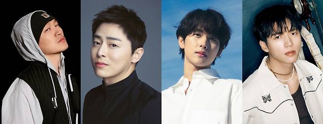 쇼뮤지컬 Again ‘드림하이’ 스페셜 게스트로 출연하는 배우 겸 래퍼 양동근(왼쪽부터), 배우 조정석, 임시완, 남우현. 사진 조엔터테인먼트, 잼엔터테인먼트, 플럼에이앤씨, 빌리언스