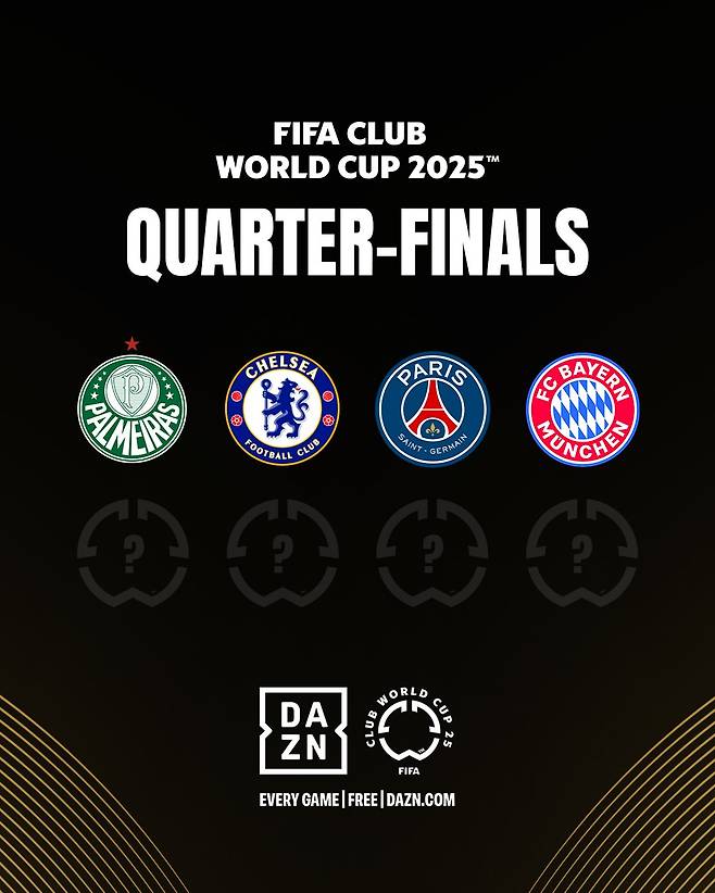 2025 국제축구연맹(FIFA) 클럽 월드컵 8강 진출 확정팀 엠블럼. 왼쪽부터 파우메이라스, 첼시, 파리 생제르맹, 바이에른 뮌헨. /사진=2025 FIFA 클럽 월드컵 공식 SNS 캡처
