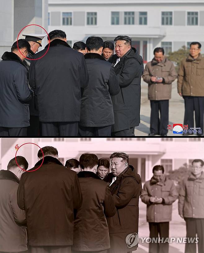 북한, 김정은 현지시찰 사진서 김명식 전 해군사령관 삭제 (서울=연합뉴스) 북한 조선중앙TV가 지난 13일 방영한 구축함 '강건호' 진수기념식 영상에서 김정은 국무위원장의 지난 3월 함선건조사업 현지시찰 사진(위)을 재공개하면서 당초 김 위원장과 함께 있던 김명식 전 해군사령관(아래)을 완전히 삭제한 채 편집해 내보냈다. 해군사령관은 김명식 대신 동해함대사령관이었던 박광섭(상장)으로 교체된 것으로 확인됐다. 2025.6.14 
    [국내에서만 사용가능. 재배포 금지. For Use Only in the Republic of Korea. No Redistribution] nkphoto@yna.co.kr