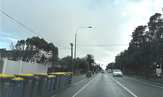 쓰레기 수거일 도로가에 늘어선 쓰레기통. / 사진=김소은