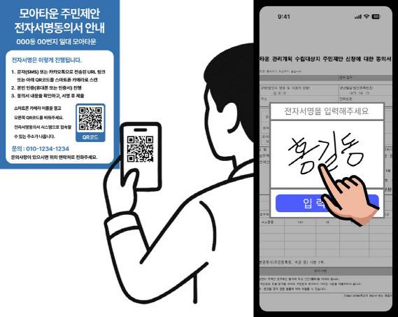 서울시가 모아타운 주민제안의 신속하고 편리한 추진을 위해 마련한 ‘전자서명 동의 운영 지침’에 따른 전자서명 동의 관련 참여 방법 안내.(사진=서울시)