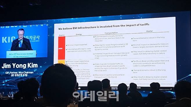 김용 전 세계은행 총재가 1일 서울 중구 소공동 웨스틴조선에서 열린 ‘한국투자공사(KIC) 창립 20주년 투자세미나’에서 발언하고 있다. 그는 글로벌인프라스트럭처파트너스(GIP)에서 파트너 겸 부회장을 맡고 있다. (사진=김성수 기자)