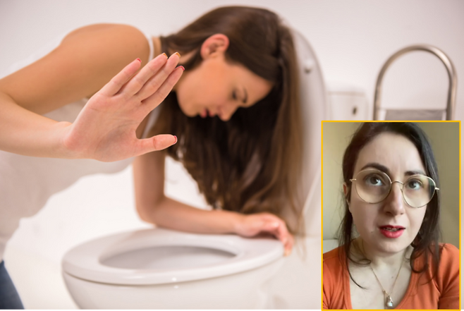 스트레스나 불안, 생리 전 증후군을 느끼면 최대 1시간에 15번까지 구토를 하는 여성이 있다.  [사진=게티이미지뱅크/ 하단 여성=SNS]