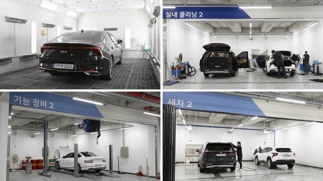 SK렌터카 오토옥션의 프루브 스테이션에 마련된 정비·상품화 공간. 왼쪽 위부터 시계 방향 순으로 도장, 실내 클리닝, 세차, 기능 정비 공간. SK렌터카 제공