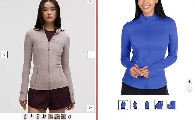 128달러에 팔리는 룰루레몬 디파인 재킷(왼쪽)과 21.99달러에 판매되고 있는 코스트코의 스파이더 우먼스 요가 재킷. 각사 사이트 캡처