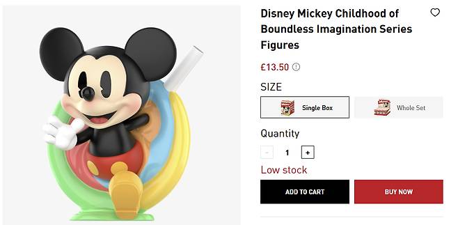 A single Mickey Mouse figure from the 'Disney: Childhood of Boundless Imagination' series costs £13.50 ($18.50) in the U.K., while it is priced at 15,000 won in Korea, according to Pop Mart’s regional websites. [SCREEN CAPTURE]