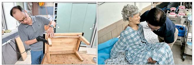 한국폴리텍대 서울강서캠퍼스에서 실내건축디자인과의 곽동훈 씨(55)가 가구 제작을 하고 있다. 오른쪽 사진은 대기업 건설사에서 32년을 근무한 뒤 임원으로 퇴직한 윤준철 씨(58)가 고령자 대상 신체활동지원 실습을 하고 있는 모습.  차창희 기자