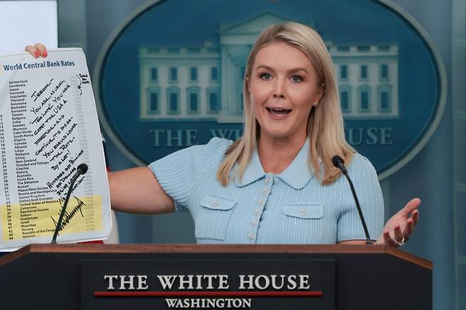 캐롤라인 레빗 백악관 대변인이 6월30일(현지시간) 미국 워싱턴DC 백악관에서 정례 브리핑을 열고 트럼프 대통령이 제롬 파월 미국 연방준비제도(연준) 의장에게 보낸 금리 인하 촉구 메모를 들어 보이고 있다. /로이터=뉴스1