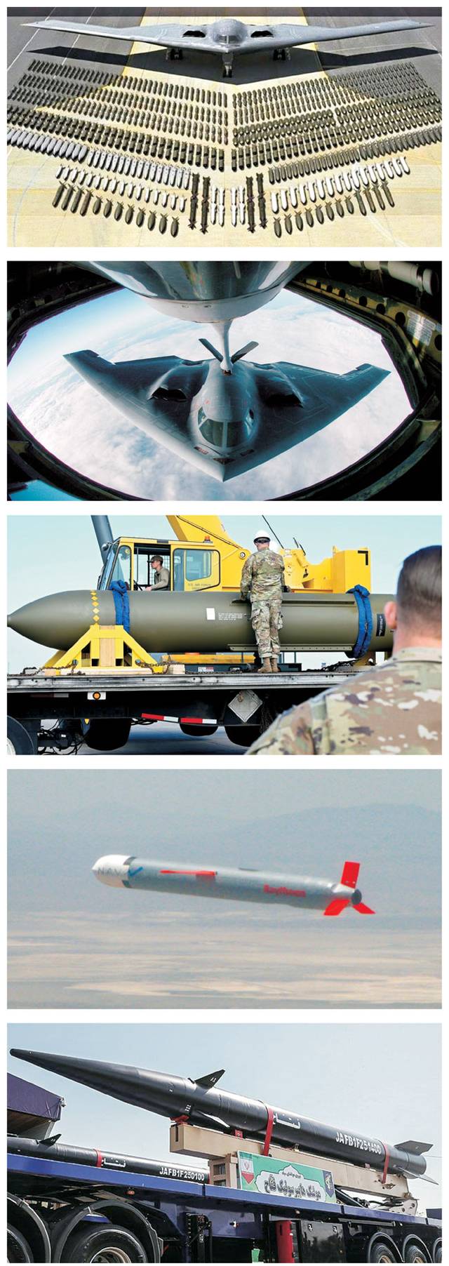 미국 공군의 B-2 스텔스 폭격기와 기체에 적재 가능한 폭탄들이 놓여 있는 모습(위 사진부터). B-2 스텔스 폭격기가 비행 도중 재급유를 받는 모습. 미 공군 장병들이 미주리주 화이트맨 기지에서 GBU-57 벙커버스터를 정비하는 모습. 미 해군의 BGM-109 토마호크 미사일이 날아가는 모습. 이란의 파타-1 극초음속 미사일. 미 국방부 제공·AP AFP 연합뉴스·X캡처