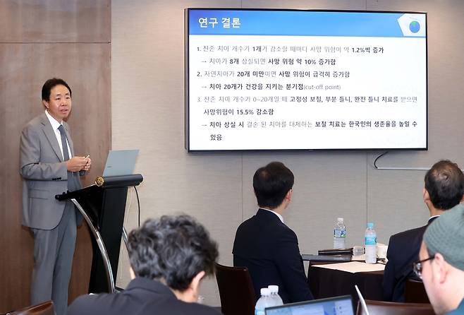 김성균 대한치과보철학회 차기회장이 1일 서울 중구 한국프레스센터에서 기자간담회에서 발표를 하고 있다. [헤일리온 제공]