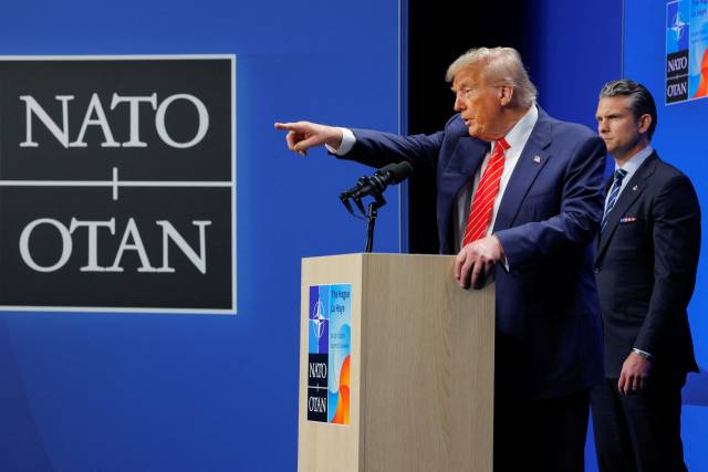 ▲ 25일(현지시간) 도널드 트럼프 미국 대통령이 네덜란드 헤이그에서 열린 나토 정상회의에서 연설하고 있다. ⓒ로이터=연합뉴스