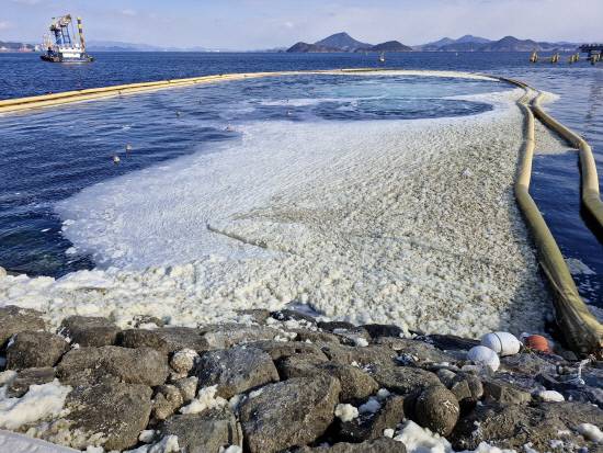 천연가스발전소 앞 배출구에서 발생한 폐기물성 거품이 오탁방지망으로 막아놓고 있다.