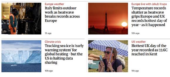 영국매체 가디언지 홈페이지에 폭염관련 뉴스로 도배돼 있다. [사진=가디언]